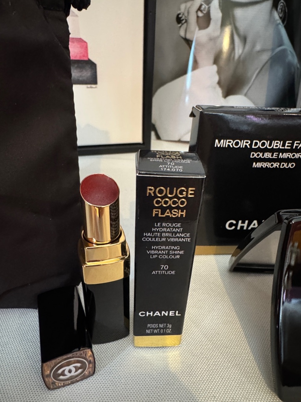 CHANEL Black & Gold Lipstick and Compact Mirror Set with Burgundy Lip Shade #70